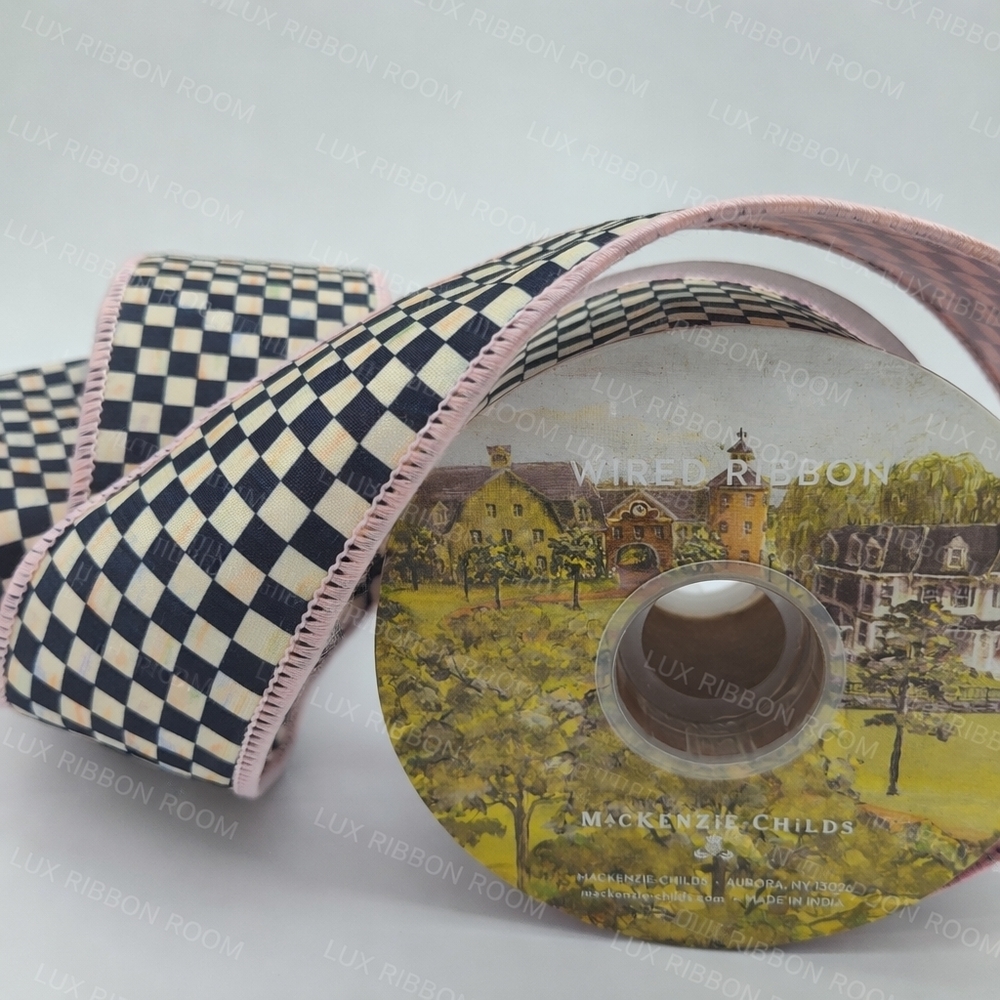 MACKENZIE-CHILDS Courtly Check 2.5" Wired Ribbon Two (2) Yards Pink Edge - Picture 1 of 4